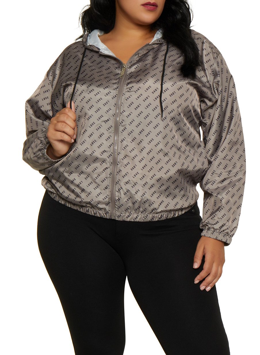 Plus Size Love Print Windbreaker