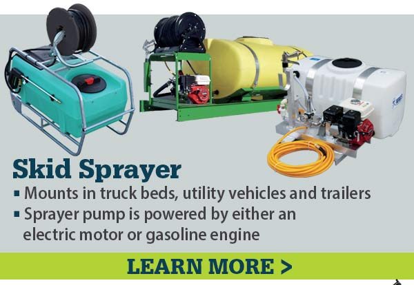 Skid Sprayers mount in truck beds, utility vehicles and trailers. Sprayer pump is powered by either an electric motor or gasoline engine.