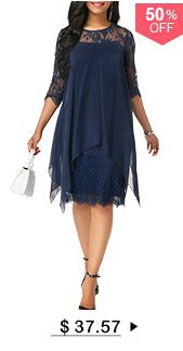 Three Quarter Sleeve Chiffon Overlay Navy Lace Dress