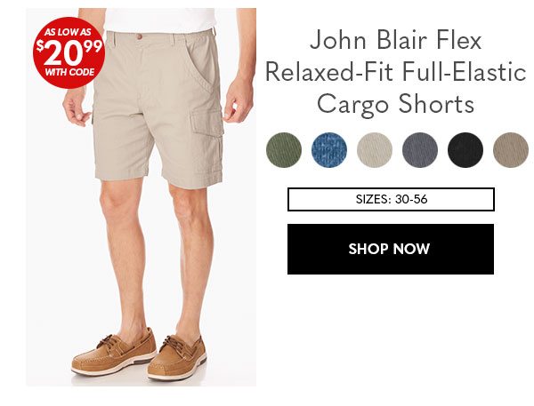 John Blair Flex Relaxed-Fit Full-Elastic Cargo Shorts as low as $20.99 with code