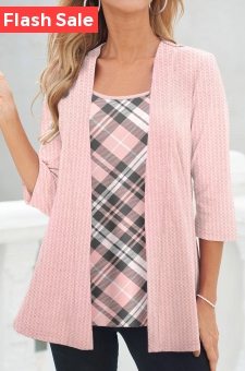 ROTITA Plus Size Pink Plaid Cardigan and Tank Top