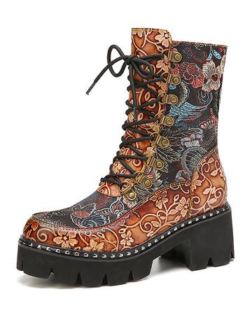 Retro Flowers Cloth Splicing Floral Embossed Leather Short Boots