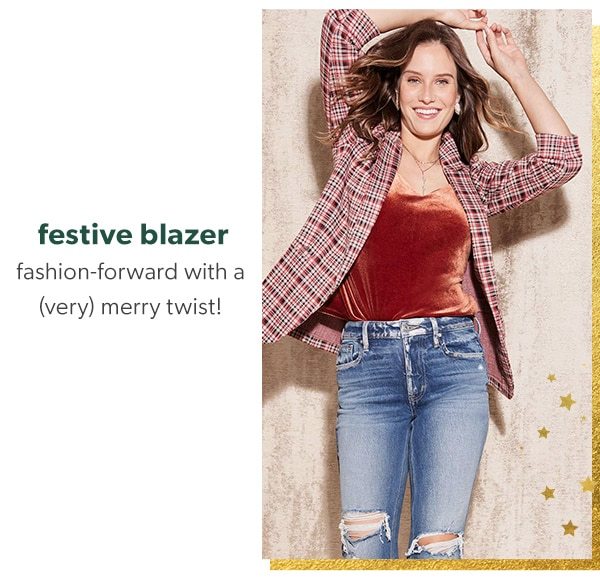 Festive blazer. Fashion-forward with a (very) merry twist! Model wearing maurices clothing.