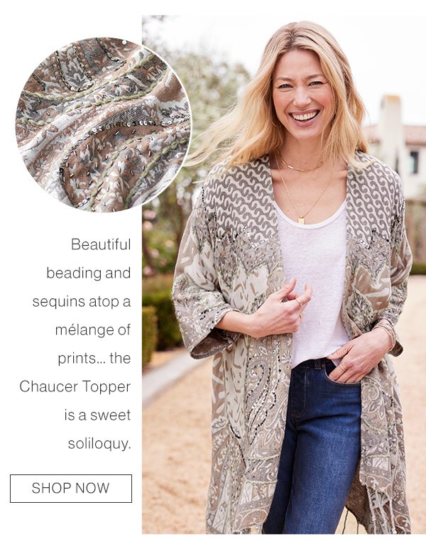 Beautiful beading and sequins atop a melange of prints...the Chaucer Topper is a sweet soliloque. Shop now.