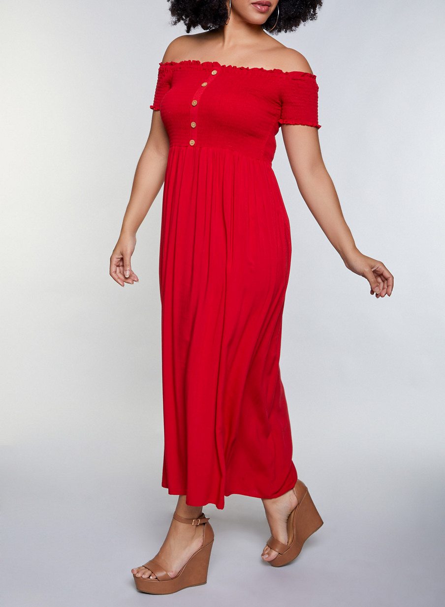 Plus Size Ruffle Trim Off the Shoulder Smocked Dress