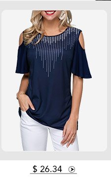 Round Neck Cold Shoulder Navy Blue T Shirt