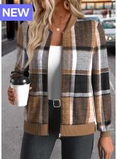 Dark Coffee Zipper Plaid Long Sleeve Stand Collar Jacket