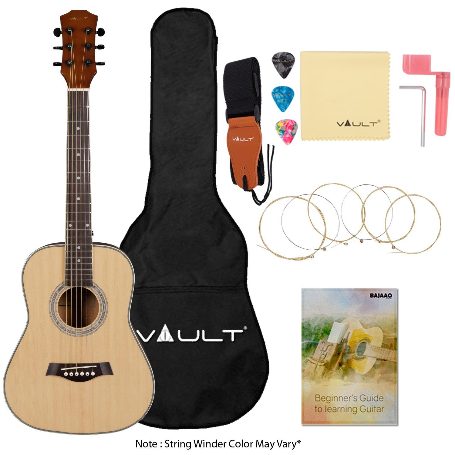 Image of Vault Traveller 3/4 Size Acoustic Guitar With Gig bag, Strings, Polishing Cloth, String Winder and Picks - Natural Gloss