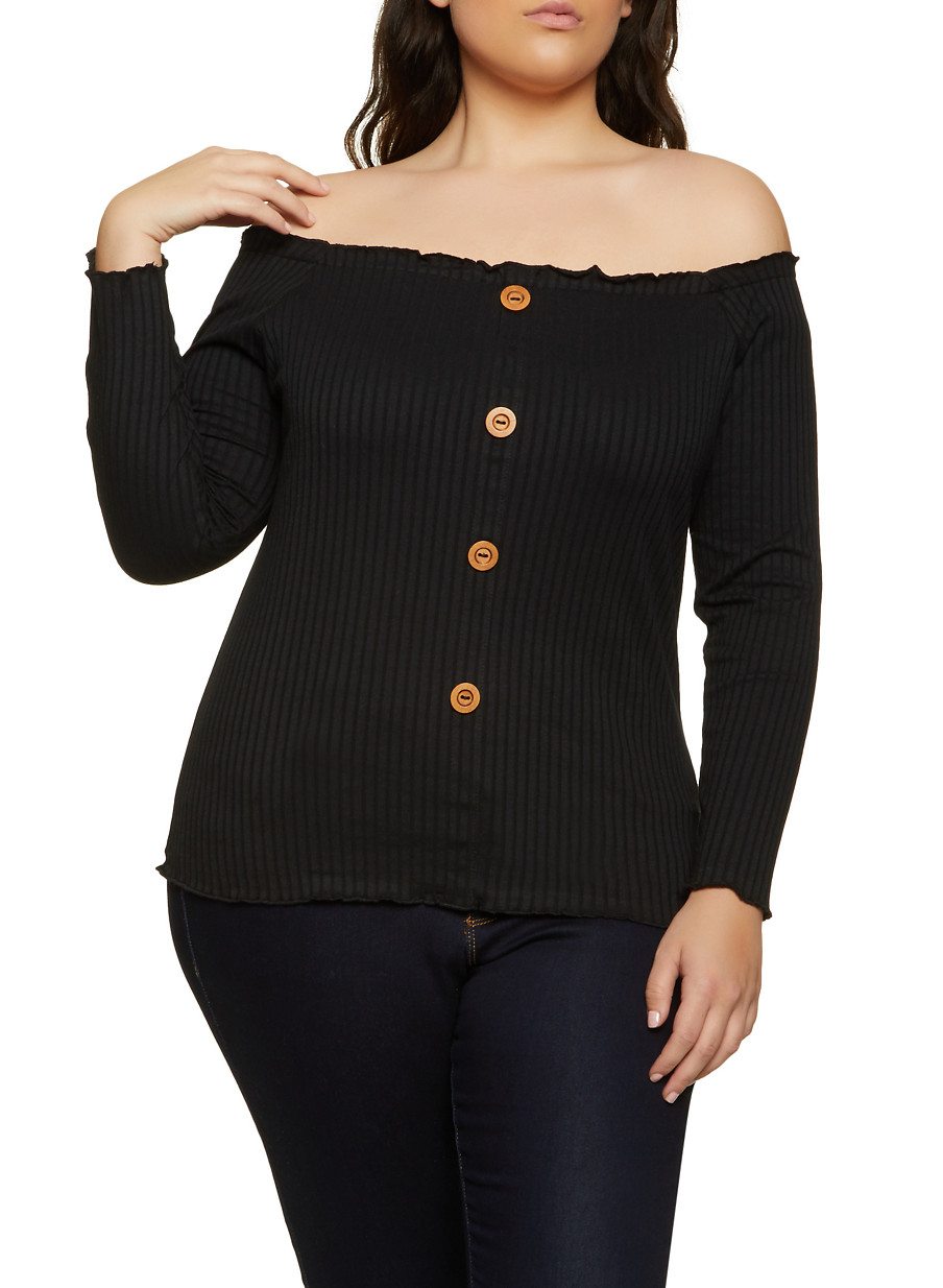 Plus Size Lettuce Edge Off the Shoulder Button Top