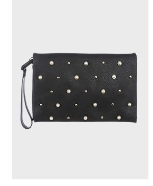 Womens Black Pearl and Stud Clutch Bag