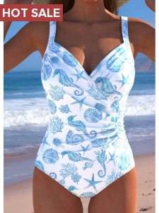 ROTITA Surplice White Marine Life Print One Piece Swimwear