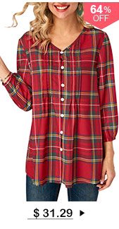 Blouson Sleeve Plaid Print V Neck Blouse