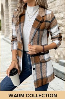 Button Plaid Dark Camel Lapel Long Sleeve Coat