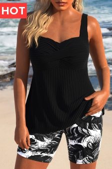 Surplice Feathers Print Black Tankini Set