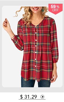 Blouson Sleeve Plaid Print V Neck Blouse