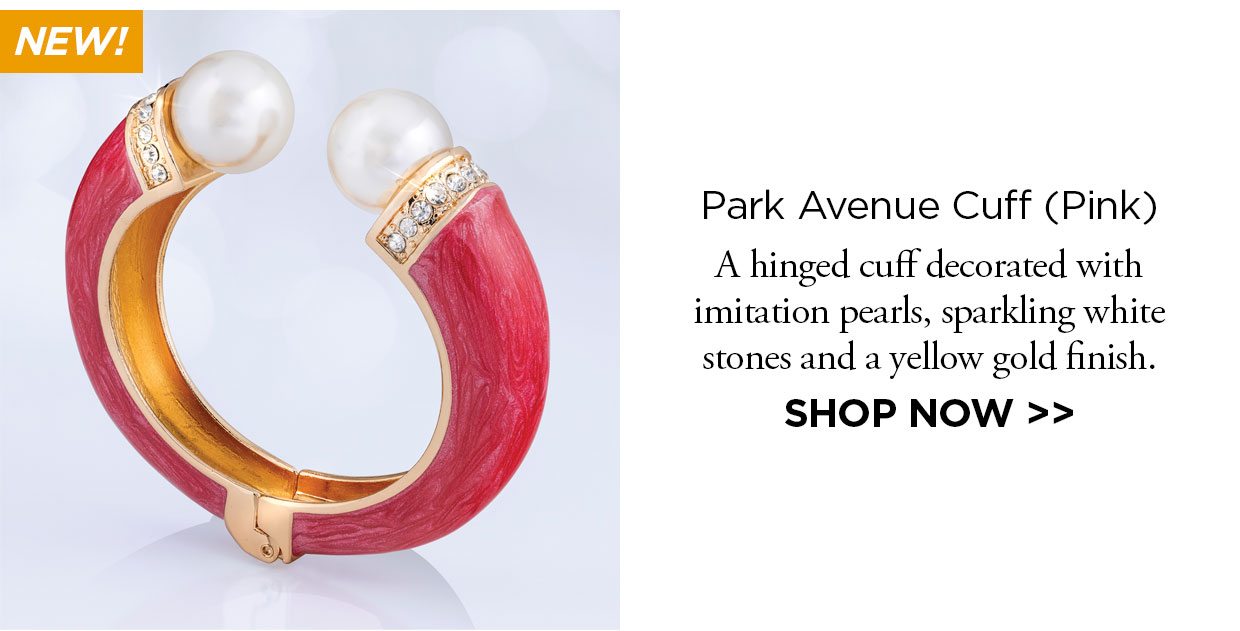 NEW! Park Avenue Cuff (Pink). A hinged cuff decorated with imitation pearls, sparkling white stones and a yellow gold finish.