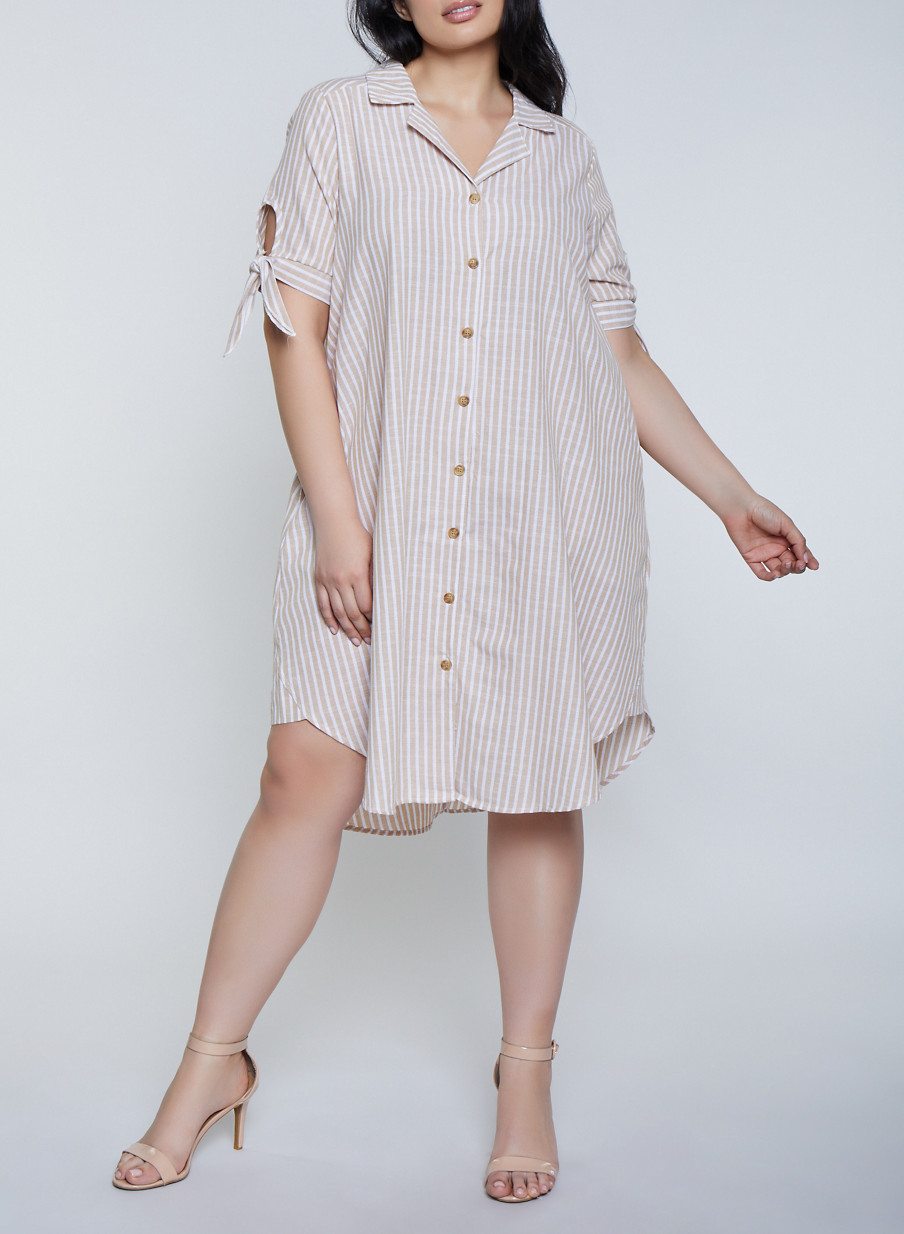 Plus Size Striped Linen Shirt Dress with Tie Sleeves