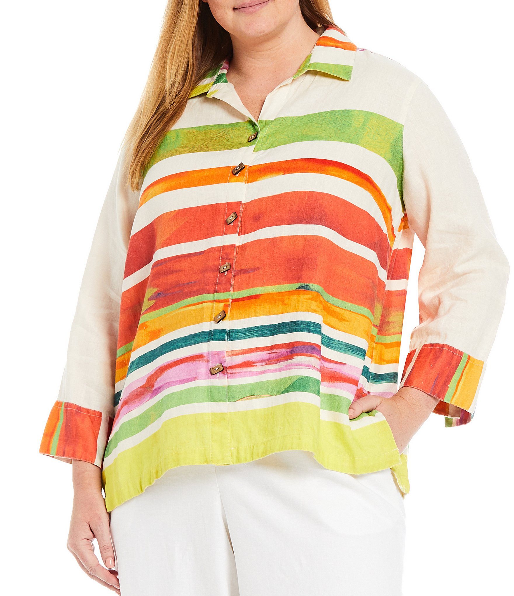 John Mark Plus Size Abstract Stripe Print Button Front Wire Neck Linen Tunic