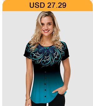 Round Neck Button Embellished Printed Blouse 