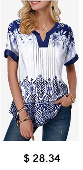 Short Sleeve Retro Print Split Neck Blouse