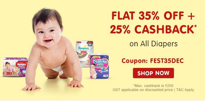FLAT 35% OFF & 25% CASHBACK* on All Diapers