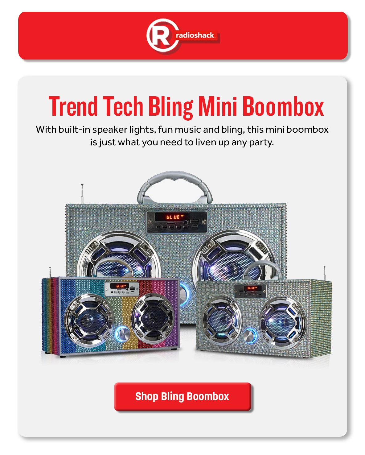 Trend Tech Bling Mini Boombox with Built-In Bluetooth and FM Radio