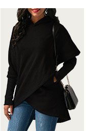 Black Asymmetric Hem Long Sleeve Pocket Hoodie