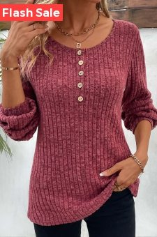 Dark Reddish Purple Round Neck Button T Shirt