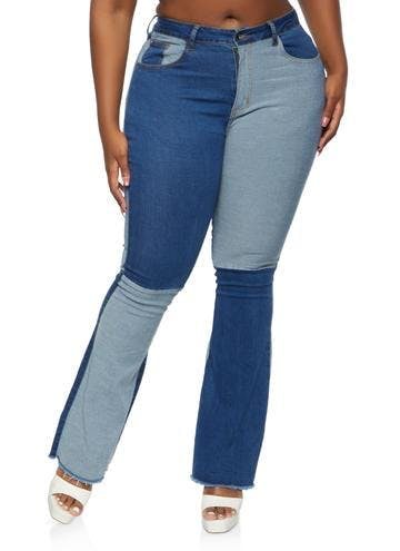 Plus Size Color Block Frayed Hem Flare Jeans