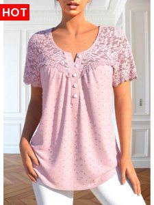 ROTITA Patchwork Light Pink Round Neck Short Sleeve Blouse