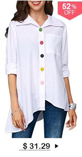 Button Up Asymmetric Hem Pocket White Blouse