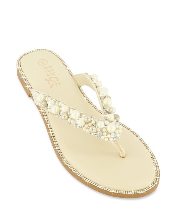 Rhinestone Trim Faux Pearl Thong Sandals