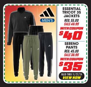 adidas Men's Essential Tricot 3S Jacket or Sereno Pants