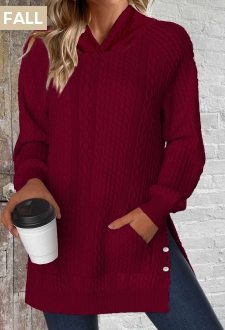 ROTITA Split Pocket Wine Red Long Sleeve Hoodie