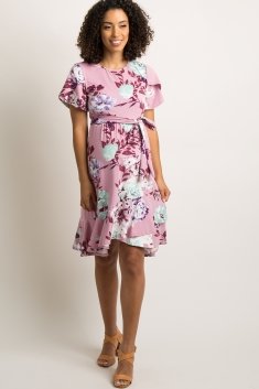 Mauve Floral Waist Tie Ruffle Accent Maternity Midi Dress