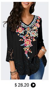 Retro Flower Print V Neck Lace Panel Blouse