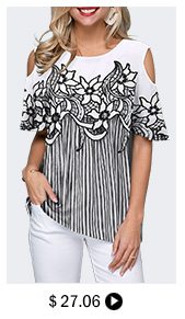 Cold Shoulder Flower Print Striped Blouse