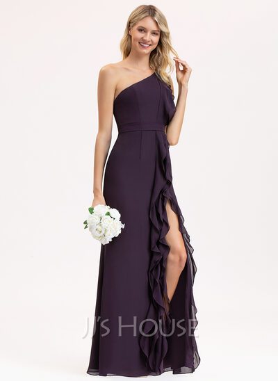 A-Line One-Shoulder Floor-Length Chiffon Bridesmaid Dress Wi...