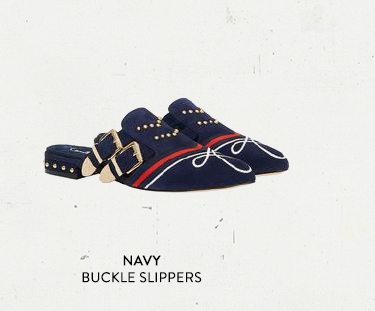 NAVY BUCKLE SLIPPERS