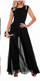 High Waist Round Neck Chiffon Overlay Black Jumpsuit