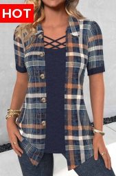 Navy Fake 2in1 Plaid Short Sleeve Shirt