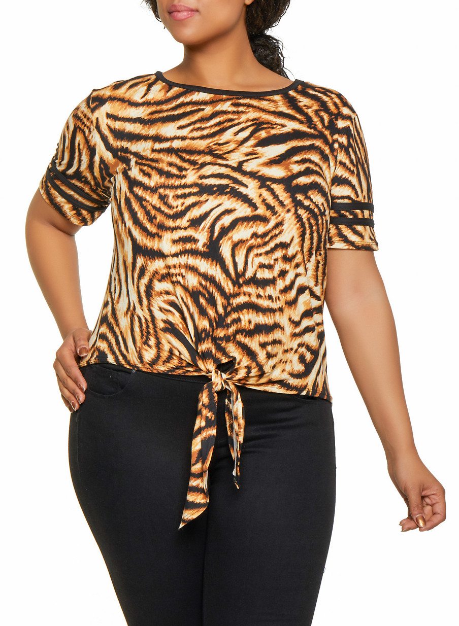 Plus Size Tiger Stripe Tie Front Top