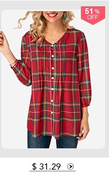 Blouson Sleeve Plaid Print V Neck Blouse