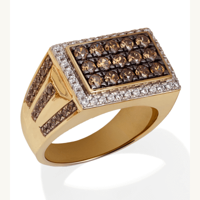 Men's Brown & White Diamond Rectangle Halo Ring 2 ct tw 10K Yellow Gold