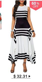 Stripe Print Asymmetric Hem Sleeveless Midi Dress