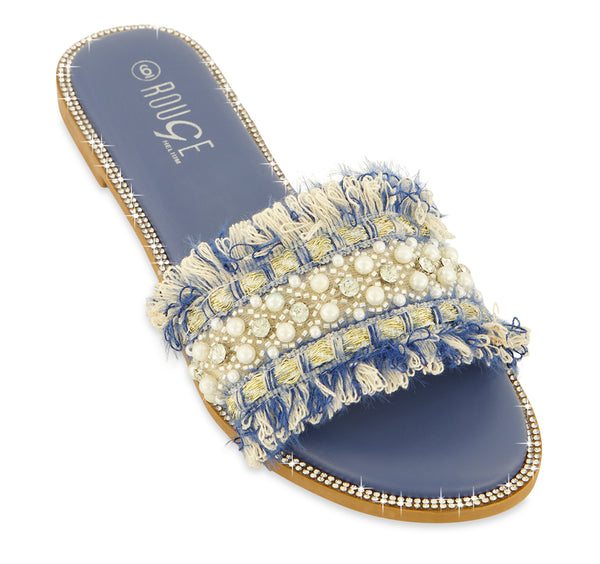 Rhinestone Trim Frayed Faux Pearl Band Slide Sandals