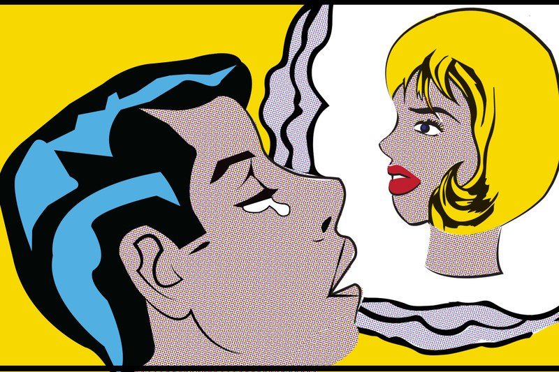 Man crying thinking about woman in thought bubble.
