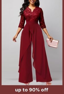 ROTITA Lace Patchwork Wine Red Long Wide Leg Jumpsuit