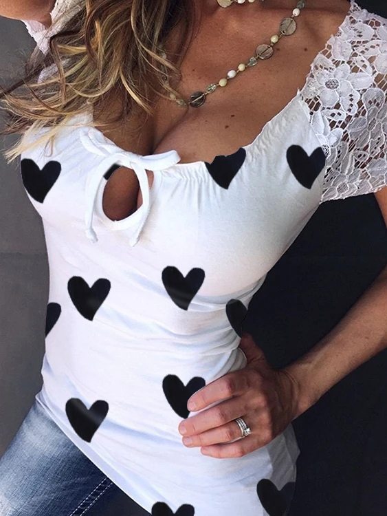 White Star Print Lace Scoop Neck Short Sleeves Tee