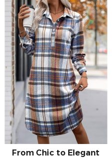 Multi Color Button Plaid A Line Long Sleeve Dress